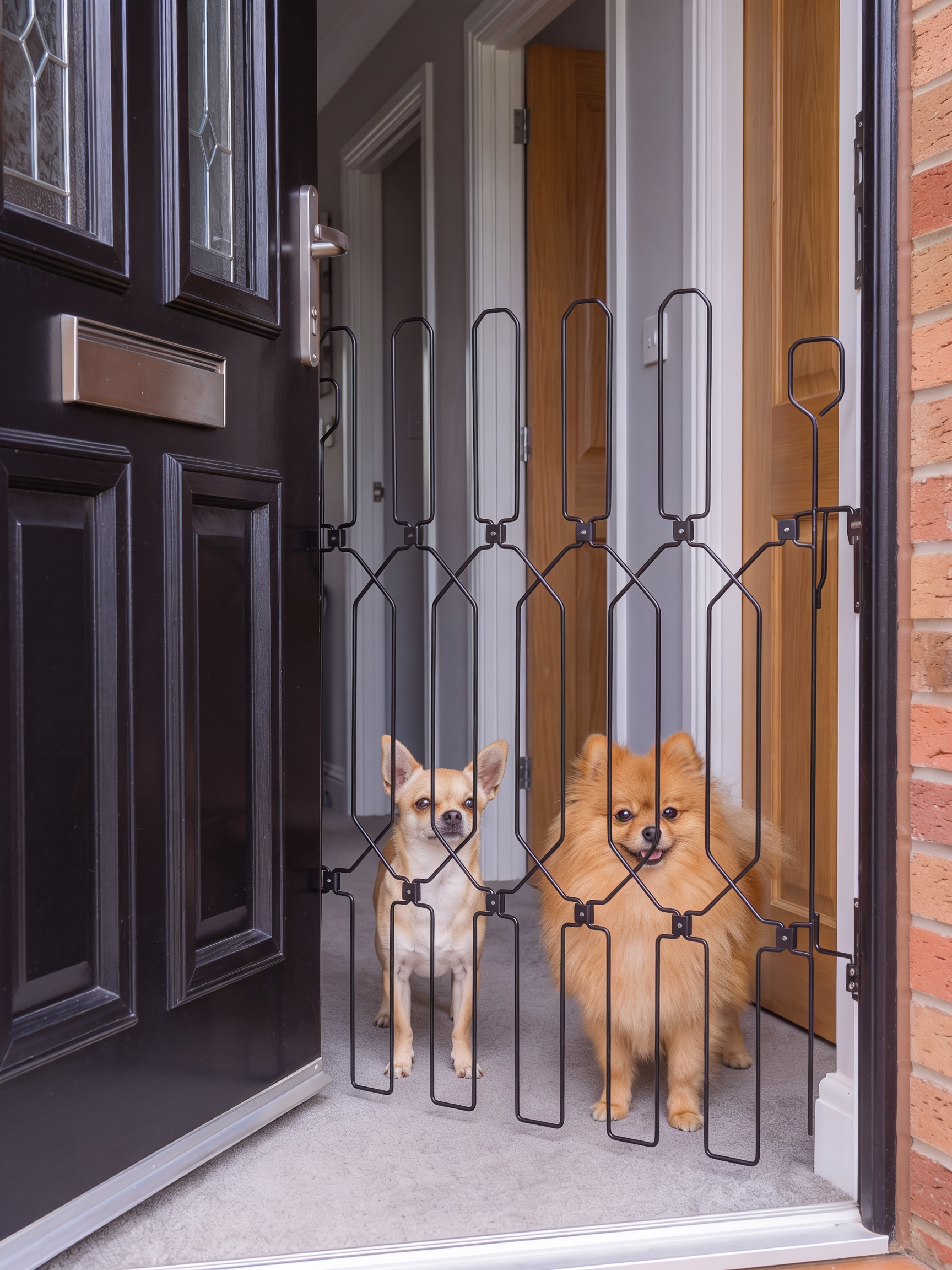 Petpoort uitschuifbaar hondenhek in lichte deuropening met honden